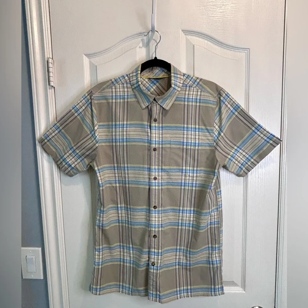 🔷”The North Face” Casual Blue/Tan & Yellow Plaid Button Down Short Sleeved Shirt